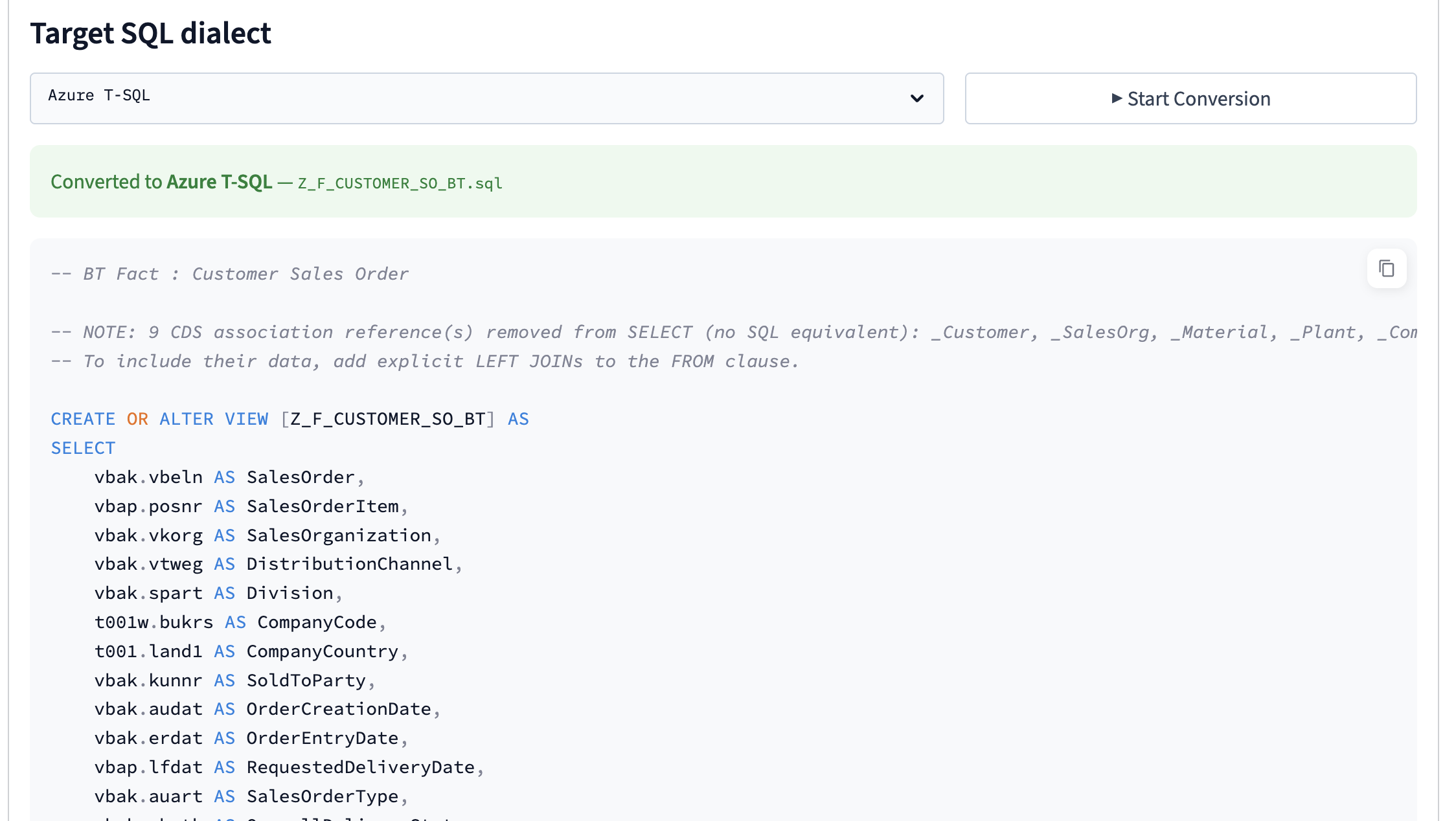 SQL Manager — converted Azure T-SQL output